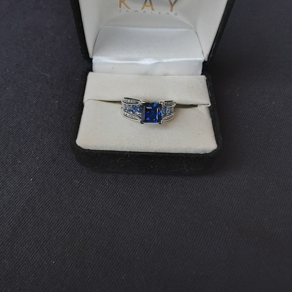 Lab Created Sapphire Ring 1/8 Ct Tw Diamonds 10K White Gold